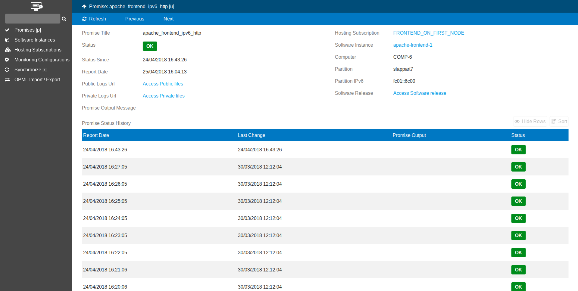 Monitor Interface - Software Instance Promise History